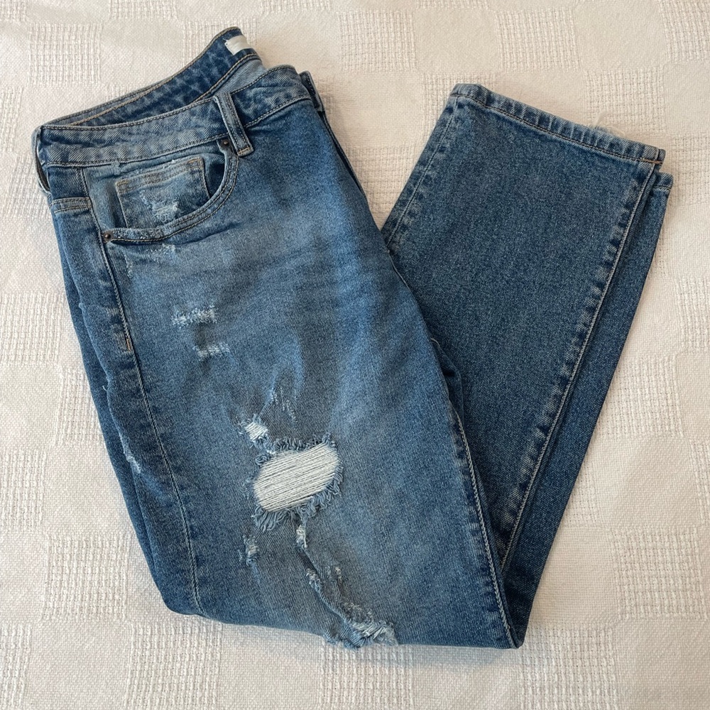 Hidden Distressed Jeans Cropped‎ Blue Med RInse Relaxed Boyfriend 31 HD1419BF-VT